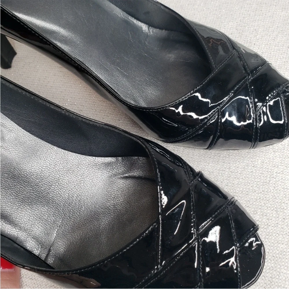 Stuart Weitzman Black Patent Peep-Toe Heels